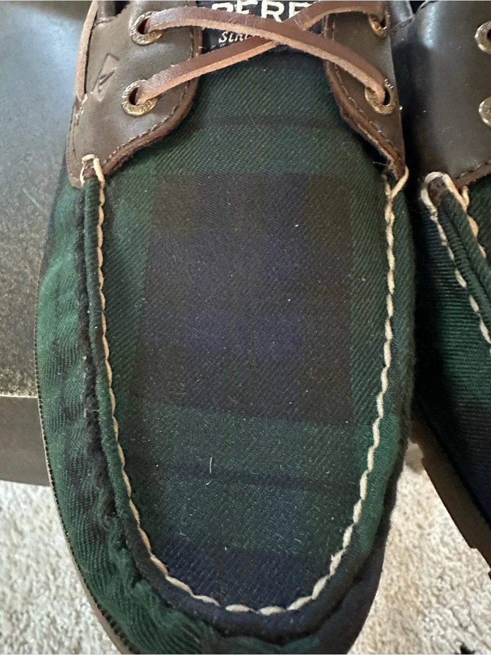 Sperry Green and Navy Plaid Leather-Trim Boat Shoes new